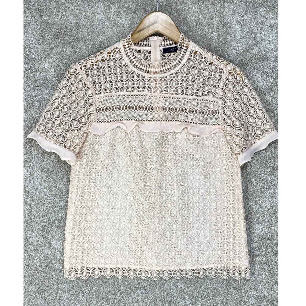 Zara Embroidered Lace Short Sleeve Top Womens S Blush Pink Coquette Regencycore